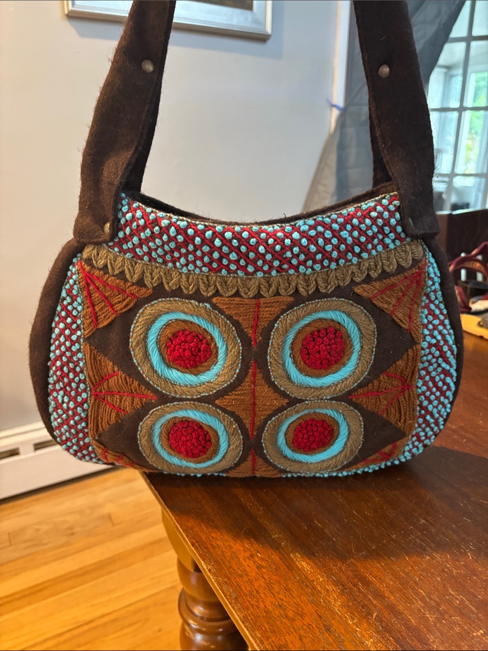 Surkana Boho Embroidered Brown Felted Shoulder Bag with Turquoise & Red Accents